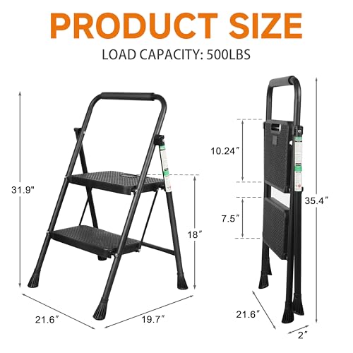Arbusb Step Ladder, Folding Step Stool with Wide Anti-Slip Pedals, Sturdy Steel Ladder with Handrail, Space-Saving, Portable for Home & Adults, 2 Step Ladder - size: 2-step