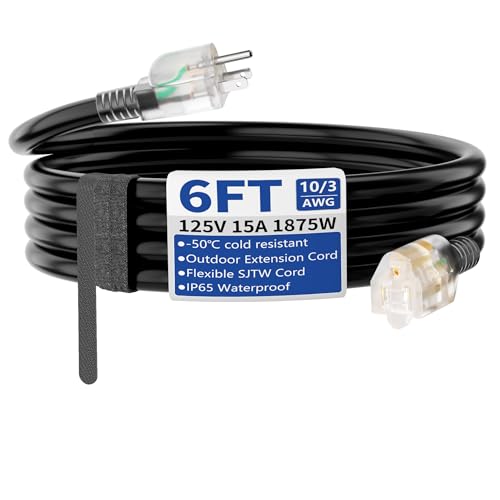 6ft Outdoor/Indoor Extension Cord with Lighted 10/3 Gauge Ultra 3 Prong Heavy Duty SJTW, Waterproof, Flexible Cold-Resistant,15A 125V 1875W, Black - size: 6FT