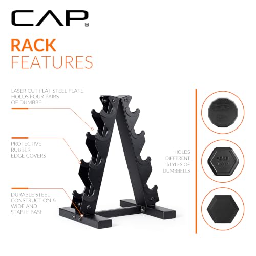 CAP Rubber Coated Hex Dumbbell Set with Storage Rack | 100–210 lb Options, Space-Saving Vertical Compact Storage for Home Gym Strength Training - size: 100 lb - Set, style: 12-Sided Chrome Handle