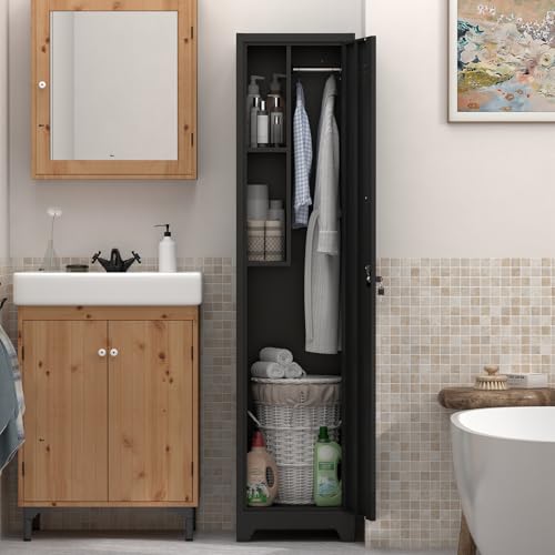 IRONFFICE Metal Utility Closet with Hanging Rod,Narrow Broom Closet with Door,Slim Laundry Storage Cabinet for Bathroo,Gym,Living Room,Black - size: 15.75"D x 15.75"W x 64.96"H-Black
