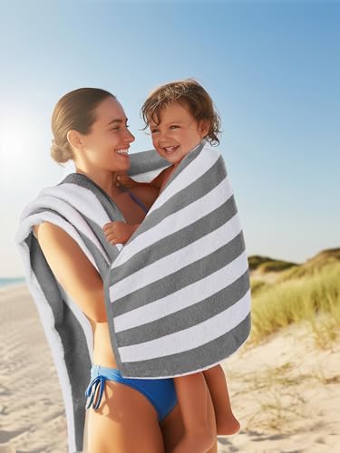 Utopia Towels Pack of 4 Cabana Beach Towels, Oversized 30 x 60 Inches Cotton Beach Towel Set, Smooth Ring Spun Texture for Pool and Swim Days, Modern Striped Design Bath Towels, Grey - color: Grey, size: 30 x 60 - 4 Pack