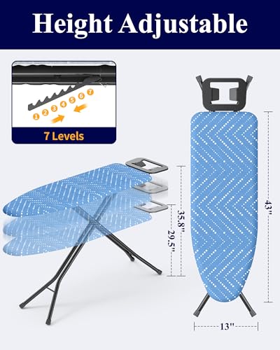 Kitsure Folding Ironing Board - Height Adjustable Iron Board in Full Size, Wobble-Free & Heavy-Duty Ironing Board with Cover and Pad for Heat Resistance, Light Blue, 43" L x 13" W x 35.8" H - color: Light Blue