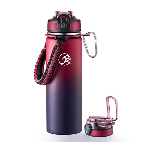 GOSWAG 24oz Insulated Stainless Steel Travel Water Bottle, 2 Lids | with straw and no straw, Paracord handle, Double-wall vacuum keeps drinks cold or hot, Leakproof tumbler - color: Red-Blue Ombré