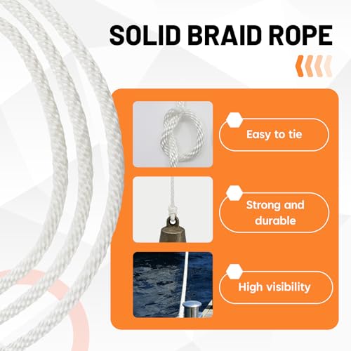 SDHUATUO 5/16 Inch Nylon Solid Braided Rope, 200FT Polyester Cord White | 1760 lbs, UV Resistant & Wearproof, Soft Flexible Rope for Swings, Camping Tent, Flagpole, Outdoor Twine, Dog Leashes - color: White, size: 5/16''-200ft