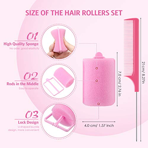 Syhood 12 Pcs Jumbo Foam Sponge Hair Rollers 1.89 Inch Soft Sleeping Curlers Flexible Large Foam Rollers and Rat Tail Comb for Hair Styling(Pink) - color: Pink