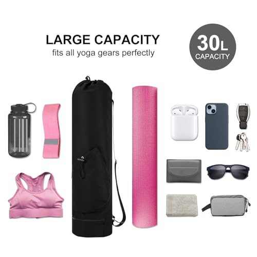 sportsnew Yoga Mat Bag with Water Bottle Pocket & Wet Pocket for Women | Yoga mat carrier fits 1/8"-3/8" yoga mats, quick-access multi-pocket organization, lightweight for gym, Pilates & studio - color: Black, size: Medium
