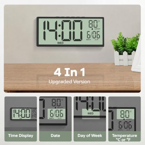 JALL Large Digital Wall Clock Battery Operated, Wall Clock with Big Numbers LCD Display, Digital Clock with Date Day Temperature, Alarm, Auto DST, Clocks for Office, Gym, Bedroom, Elderly- Black - color: Black, size: 14.5 inches