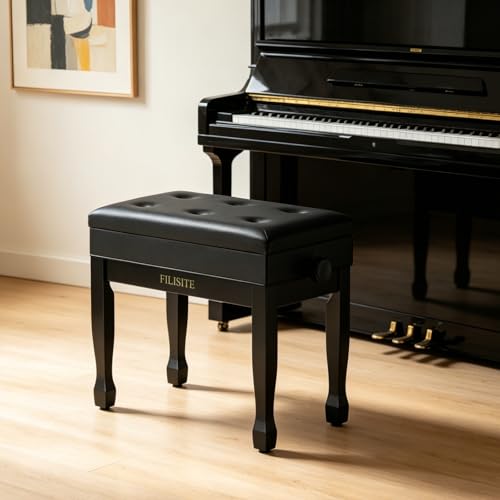 Adjustable Height Piano Bench Stool PU Leather Cushion Wooden Keyboard Seat with Music Storage (Black) - color: Black