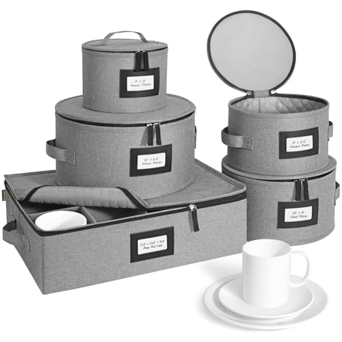 BALEINE China Storage Containers, Sturdy Quilted Wine Glass Storage, Plate Organizer with Carry Handles, Moving Boxes for Dishes, Cups, Mugs and Stemware (Plate Mug Combo, Hard Shell Grey) - color: Grey, style: Plate Mug Combo-Hard Shell