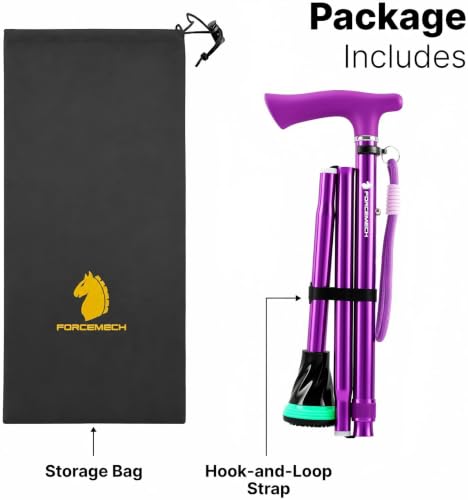FORCEMECH GlowGuard Foldable Walking Cane for Men & Women, Adjustable Heavy Duty Cane with Glow Tip & Extra-Wide Tip - color: Gloss Purple