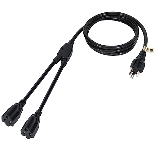 2 Way Power Cord Splitter Cable 6 Ft-3 Prong 1 to 2 Extension Cord-Outlet Saver-Elecan Male to Female Y Splitter Power Extension Cable Strip–UL Certified SJTW 16 Gauge 13 A/125 V–Black - size: 6 FT