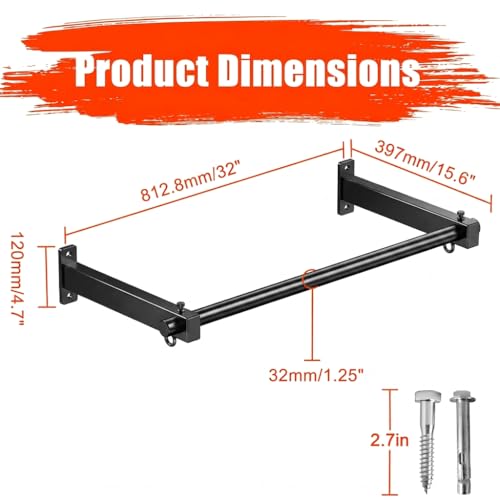 Wall Mount Pull Up Bar, Heavy Duty Steel PullUp Bar Fits 16", 24" & 32" Wood Studs, for Home Gym Garage Basement Strength Training Chin Up Bar with Round Anchors