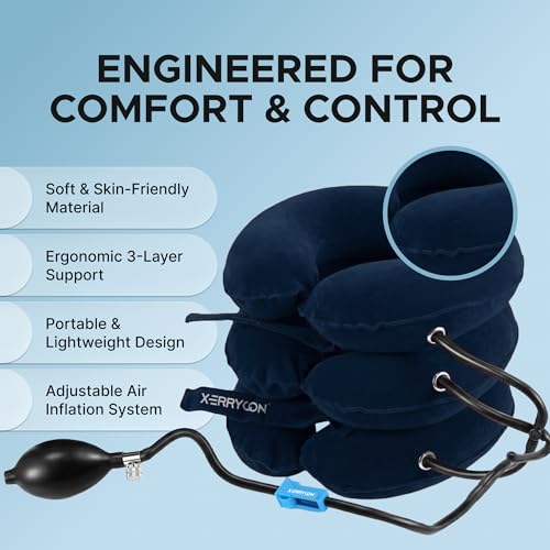 Inflatable Neck Stretcher for Neck Pain Relief, Cervical Traction Device with Hand Pump, 3-Layer Adjustable Neck Decompression Collar for Pinched Nerve, Stiff Neck & Tech Neck Support | Breathable Material - color: Midnight Navy Blue