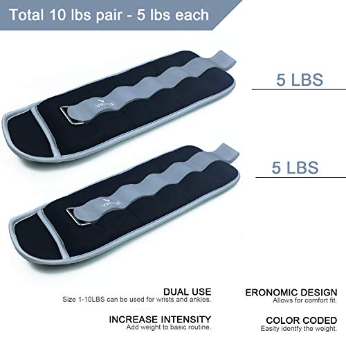 Ankle/Wrist Weights for Women, Men, Kids - Arm Leg Weights Set with Adjustable Strap - Running, Jogging, Gymnastic, Physical Therapy, Fitness - Choice of 1 lb 2 lbs 3 lbs 4 lbs 6 lbs 8 lbs 10 lbs - style: 10 lbs pair (5 lbs each), Gray
