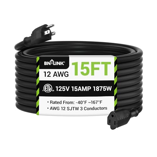 BN-LINK 15ft Outdoor Extension Cord, 15amps,12/3 SJTW Heavy Duty Power Cord, 3-Prong Grounded Plug, Weather Resistant, 1875W, Black, for Lawn, Garden, Appliances, ETL Listed - color: Black, size: 15FT