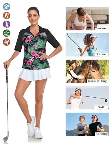 Cucuchy Womens Golf Shirt Half Sleeve Quarter Zip Polo Tennis Shirts Workout Tops - color: A-floral Red, size: XX-Large