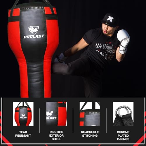 Angle Heavy Punching Bag for Adults, Hook and Uppercut, Boxing, MMA, Martial Arts, Muay Thai, 65 lbs, Rhino Logo - color: Black / Red, style: Filled