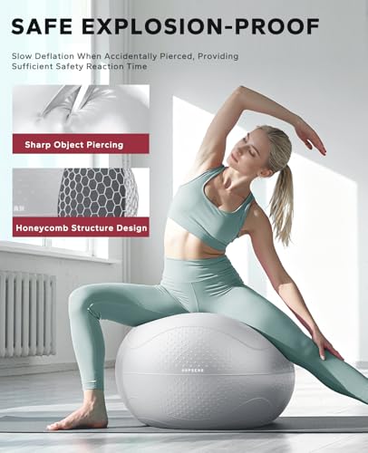 HAPBEAR Exercise Ball- Anti-Burst Slip-Resistant Yoga/Pilates Ball for Core Training & Posture Improvement, Home Gym/Rehab/Pregnancy Ball, Quick Pump & 3 Resistance Bands Included - color: Grey, size: L (23-26IN / 58-65cm)