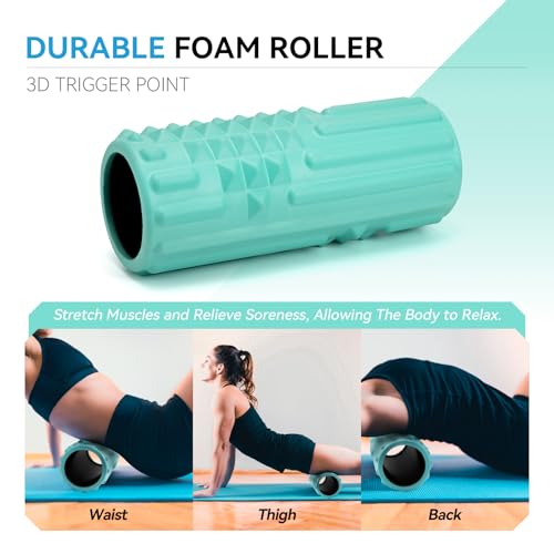 5 in 1 Foam Roller Set, High Density Patented Exercise Roller | Deep Tissue Massage Roller Stick, Massage Ball, Resistance Band for Pilates, Yoga, Whole Body Fitness Exercise,Tiffany Green - color: Tiffany Green