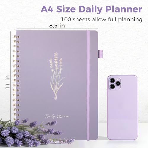 Oucaru Undated Daily Planner, 8.5"x11", A4 Size Spiral Notebook with Hourly Schedule, To Do List, Priorities, and Notes for Productivity - Easily Organize Your Tasks, Appointments & Goals for Women - size: A4-Purple, style: Daily Planner