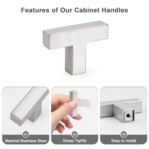 Probrico 5 Pack 2 inch (50mm) Length Stainless Steel Kitchen Cabinet Pulls Knobs,Square Brushed Nickel Drawer Knob, Single Hole Dresser Pull for Cabinets Closets - color: Brushed Nickel, size: Single Hole T Knob: 50mm(2inch)