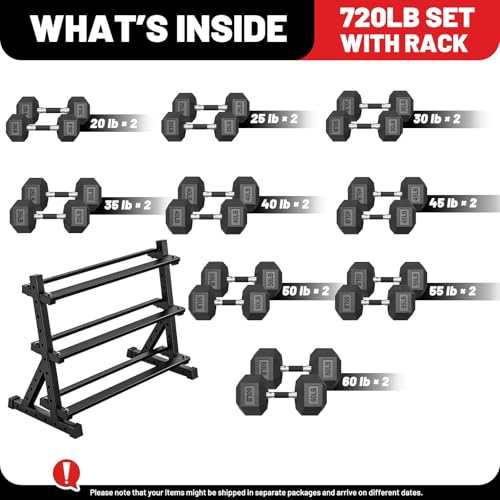 PAPABABE Dumbbell Set with Rack, 540-850lb, Rubber Encased, Home Gym | Complete & Durable Cast Iron Core Odorless PVC Antiroll Hex Shape Ergonomic Chrome Handle Versatile Home Gym - size: 720LB with 3-Tier Weight Rack