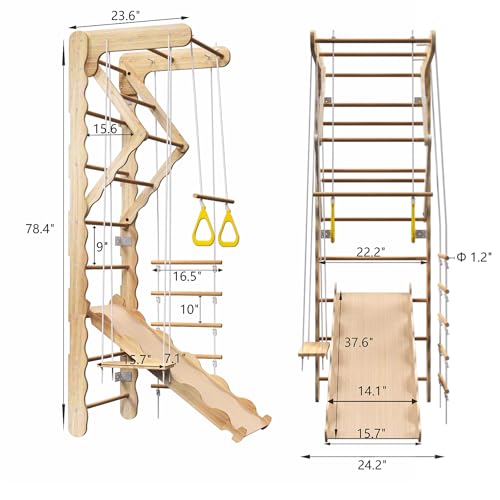 Indoor Wooden Climbing Wall Set, Natural Pine Material, 78.7x23.6 Inch Wall-Mounted Kids Gym with Slide, Rings and Rope Ladder, Weight Capacity 100 Pounds