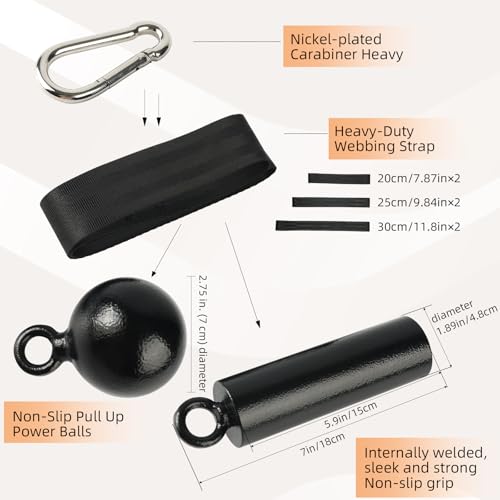 Non-Slip Iron Pull Up Grips and Cannonball Handles,3-Length Straps & Carabiners, Grip Strength Trainer for Pull-Up Bar, Dead Hangs, Forearm & Hand Training, Home Gym Gear - size: 48mm+70mm