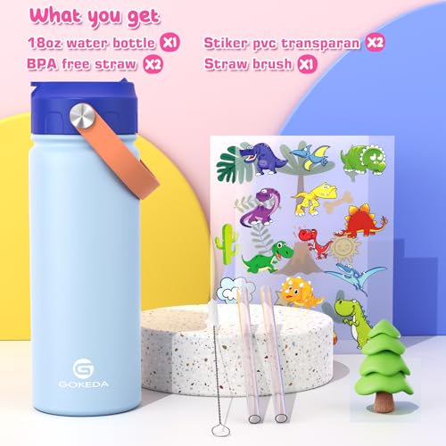 GoKEDA 18oz Kids Water Bottle, Insulated Water Bottles with Stickers, 18/8 Stainless Steel Vacuum Leak Proof Straw Cup for School, Gifts for Boys(Light Blue) - color: Light Blue