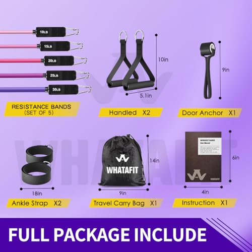 WHATAFIT Resistance Bands, Exercise Bands with Handles, Workout Bands for Working Out, Fitness Bands Set for Home Gym Full Body Strength Training, Muscle Tone, Yoga & Stretching - color: 10-100LB-Purple