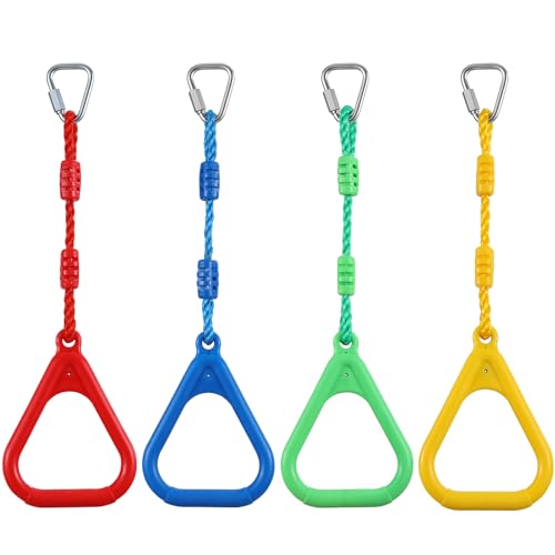PELLOR 4 Colorful Ninja Rings, Gymnastic Rings Trapeze Swing Bar Ring with Triangle Handle for Home Gym Playground Ninja Warrior Obstacle Course Training Workout - color: 4