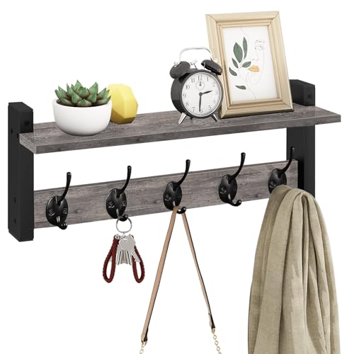 Homode Wall Hooks with Shelf, Coat Rack Wall Mount, Entryway Shelf with Hooks for Clothes, Backpack, Key, Purse - Rustic Grey - color: Rustic Grey, size: 17.1 Inch Long