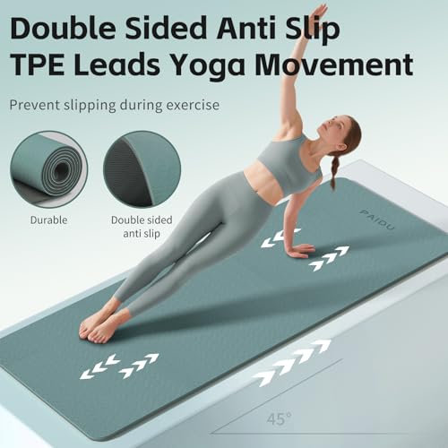 PAIDU Yoga Mat 8mm TPE Non‑Slip Fitness Mat with Strap for Home Workouts | SGS Certified, Odorless, Tear‑Resistant, Unisex, for Yoga, Pilates, Meditation, Home & Gym Workouts - color: Deepgreen&Gray