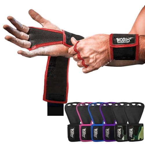 JerkFit WODies Gymnastics & Weightlifting Grips with Wrist Wraps – 3 Hole Versatile Gym Gloves for Pull Ups, Gym Training & Cross Training – Hand Grips Palm Protector for Men & Women - color: Red, size: XLarge 4.75”- 5.25”