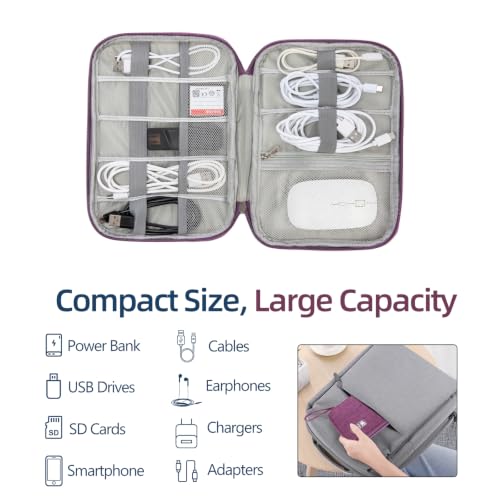 Cord Organizer Travel Case, Cable Organizer Bag for Chargers, USB Cables, Power Bank & Electronics Accessories, Portable Tech Organizer Pouch with Mesh Pockets, Water Resistant Travel Gear Bag - color: purple, size: S