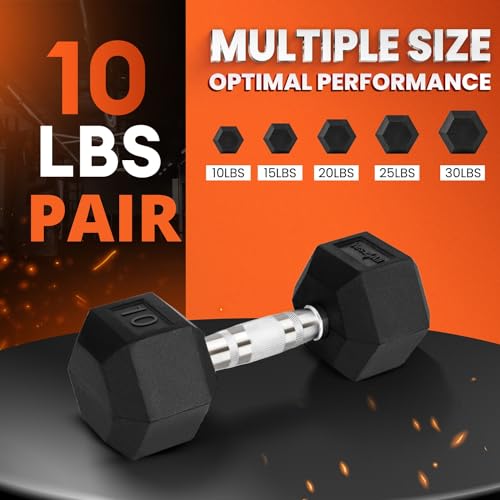 Yes4All Chrome/Rubber Grip Encased Hex Dumbbells – Hand Weights With Anti-Slip 10-30 LBS Pair - color: B. 10lbs - Pair, style: Chrome Grip