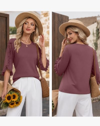 3/4 Length Sleeve Womens Tops Crewneck Ruffle Sleeve Shirts Dressy Casual Blouse Summer Fall Fashion Business Outfit - color: Redwood, size: XX-Large