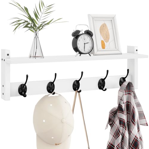 Homode Coat Rack with Shelf Wall Mount, 24 Inch Long Wall Shelf with Hooks Underneath, Wood Hanging Coat Hanger with Hat Shelves for Entryway, Bathroom, Mudroom, White - color: White, size: 24 Inch Long