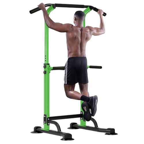 SogesHome Power Tower Pull Up Bar and Dip Station, Height Adjustable Dip Stand Exercise Machine for Home Gym, Multi-Functional Free Standing Strength Training Fitness Workout Station - color: Green