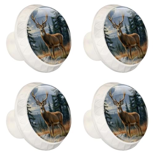 4 Pack White Cabinet Knobs, Forest Deer Drawer Handles for Cabinets, Dresser, Cupboard, Bathroom, Bedroom, Kitchen Hardware Closet Door Knob - color: Forest Deer