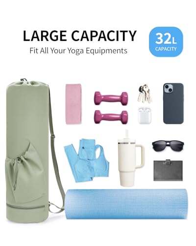 sportsnew Yoga Mat Bag with Water Bottle Pocket & Wet Pocket for Women | Yoga mat carrier fits 1/8"-3/8" yoga mats, quick-access multi-pocket organization, lightweight for gym, Pilates & studio - color: Sage Green, size: Large