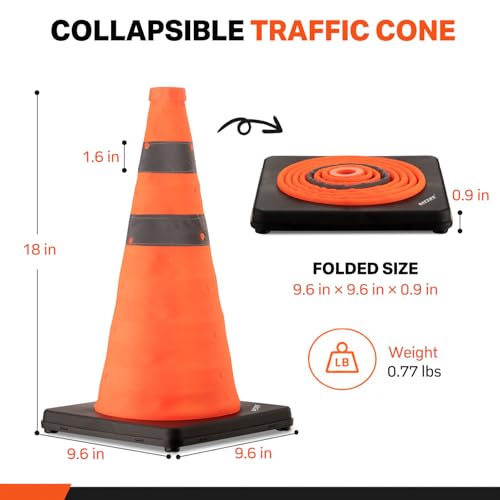 BATTIFE 18 inch Collapsible Traffic Safety Cones Orange Plastic Base 4 Pack | Collapsible folds flat, reflective strips, sturdy PVC, lightweight,ideal for parking, driving, construction, emergencies - size: 18inch