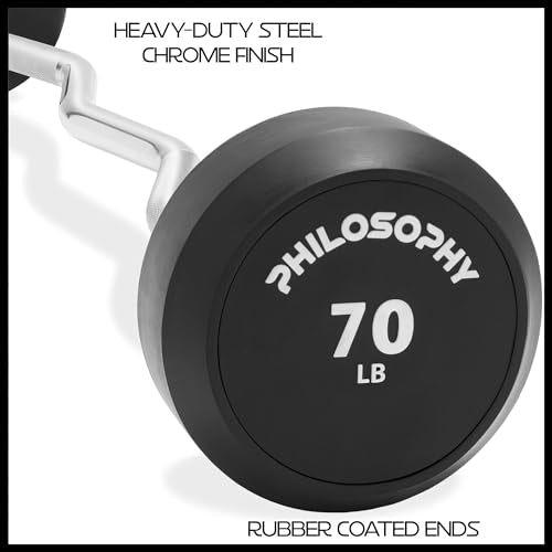 Philosophy Gym Rubber Fixed Barbell, Pre-Loaded Weight EZ Curl Bar for Strength Training & Weightlifting - style: 70 LB