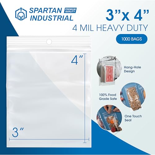 3" X 4" Heavy-Duty Zip Bags With Hang Hole for Displays (1000 Count) - 4 Mil Plastic Resealable Bags for Storage and Packaging - Spartan Industrial - size: 3" X 4"