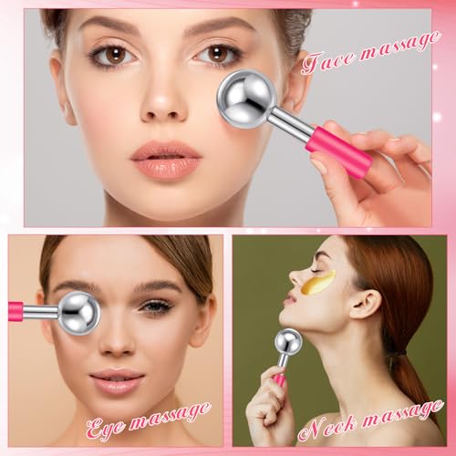 Baderke 2 Pcs Ice Globes for Face Stainless Steel Cooling Globes Unbreakable Cooling Roller Women Ice Balls Cryo Sticks Facials Skin Care for Dark Circles, Puffiness(Silver (Pink Handle)) - color: Silver (Pink Handle)