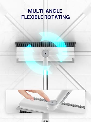 3 in 1 Floor Scrub Brush with Long Handle, Multi-Angle Swivel Head | Stiff Dual-side Bristle, Floor Scrubber with Squeegee & Tweezer for Tile Wall Deck Bathtub Patio Garage Pool Kitchen (White) - color: White