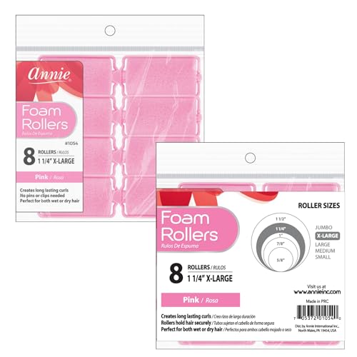 Annie Foam Hair Rollers X-Large 1 1/4 Inch, 8 Count Pink Soft Sponge Curlers for Heatless Curls & Waves, No Pins or Clips Needed, For Wet or Dry Hair, Long-Lasting Hold - color: Pink