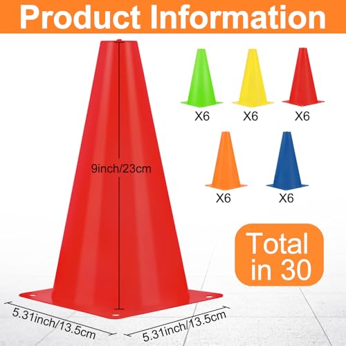 Hoteam 30 Pieces 9 Inch Traffic Cones Plastic Sport Agility Training Safety Cones Soccer Practice Equipment for Basketball Football Drills Exercise, Outdoor Activity and Events - color: Five Colors