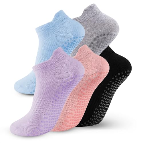 5 Pairs Pilates Socks with Grips for Women Non Slip Grip Yoga Crew Socks for Barre Hospital Barefoot - color: A - Black Gray Pink Purple Blue