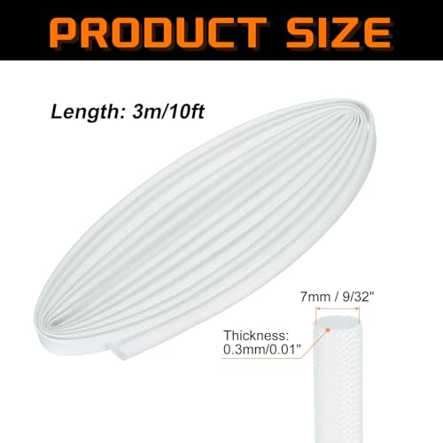 MECCANIXITY 10ft Braided Cable Sleeve, 9/32" ID 200C Heat Resistant 1500V Fiberglass Wire Insulation Cord Protector Organizer Wires Management for Motor Engine Fuel Line, White - color: White, size: 10ft-7mm